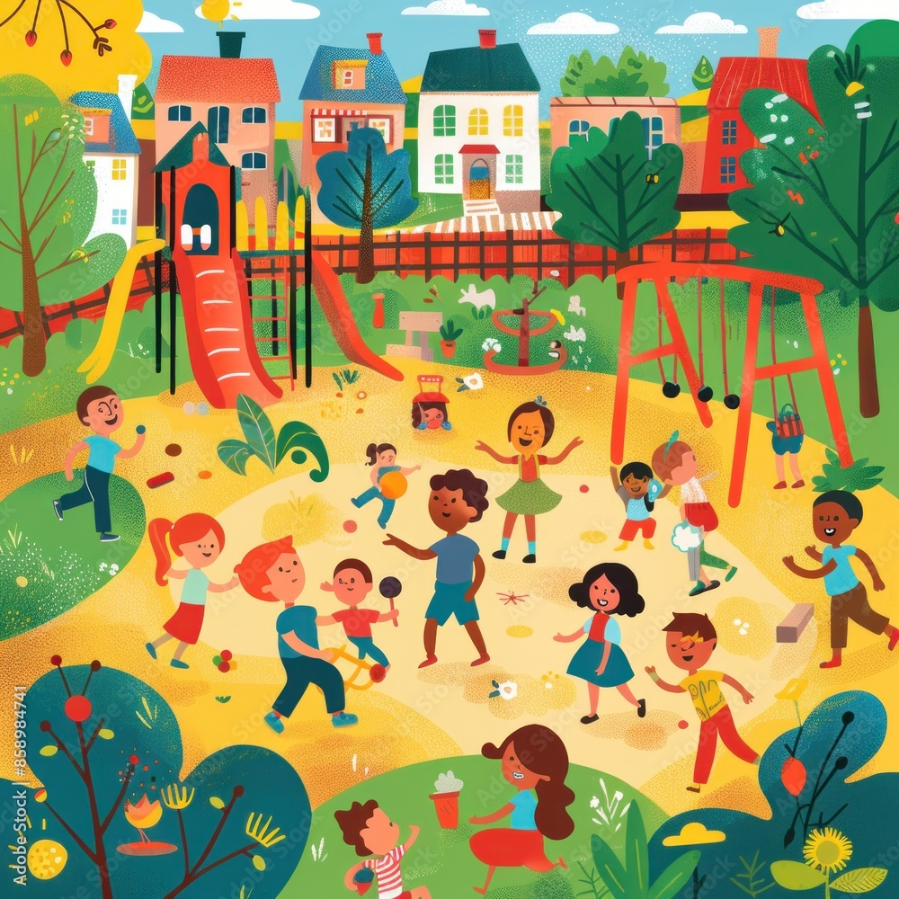 Naklejka premium Children Playing in a Vibrant Playground