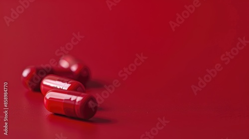 Red medication capsules on red surface Empty space Pharmaceutical treatment for cold and flu Covid 19 virus