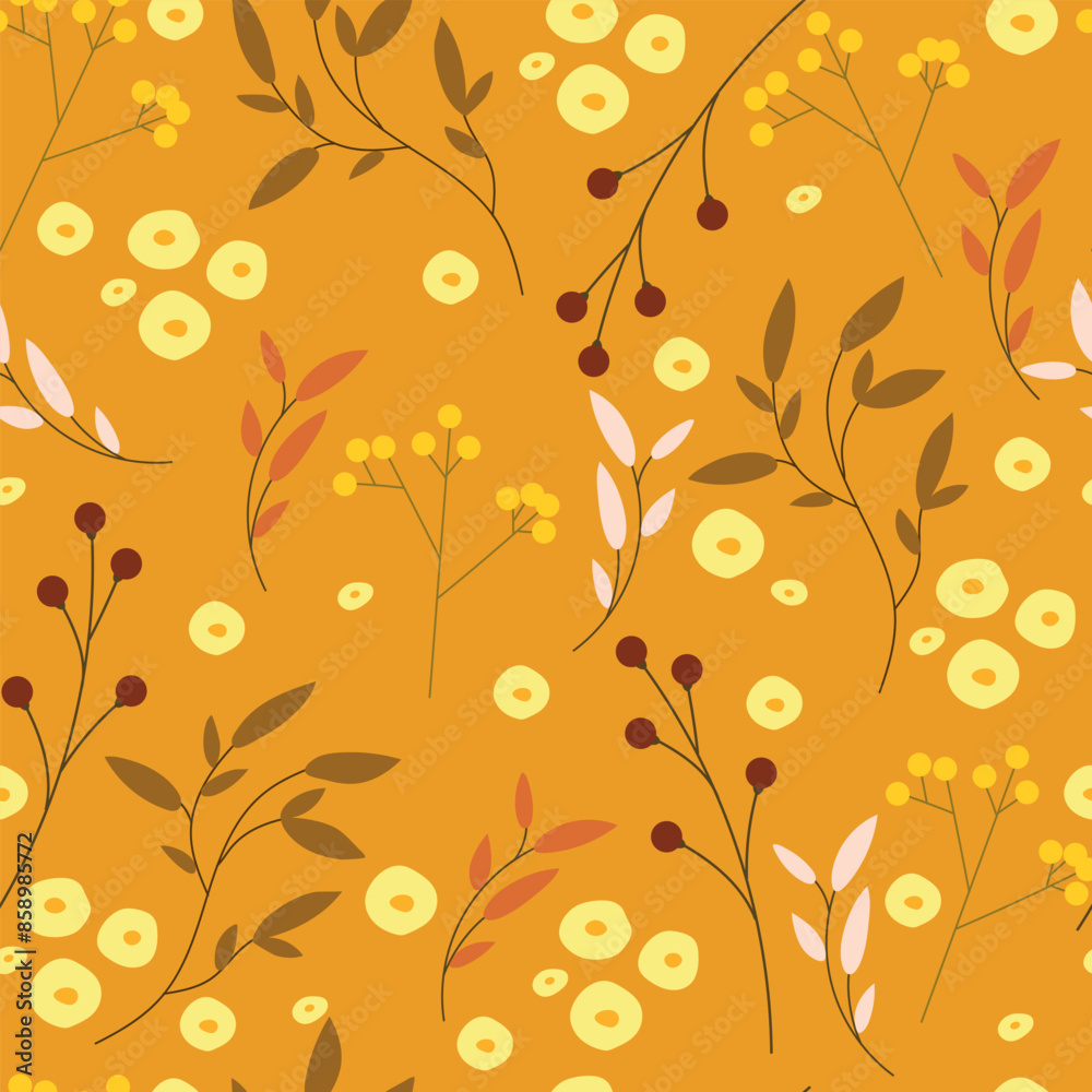 Fototapeta premium Floral pattern with flowers, leaves, on yellow background. Vector illustration. 