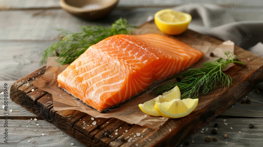Salmon fillet with crispy skin on a traditional Swedish wooden table, surrounded by fresh dill, lemon wedges, and rustic decor, perfect for Instagram food photography, ultra realistic, photorealistic Salmon fillet with crispy skin on a traditional Swedish wooden table, surrounded by fresh dill, lemon wedges, and rustic decor, perfect for Instagram food photography, ultra realistic, photorealistic