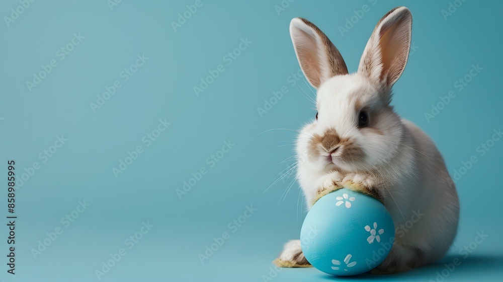 Fototapeta premium Easter bunny rabbit with blue painted egg on blue background. Easter holiday concept. 