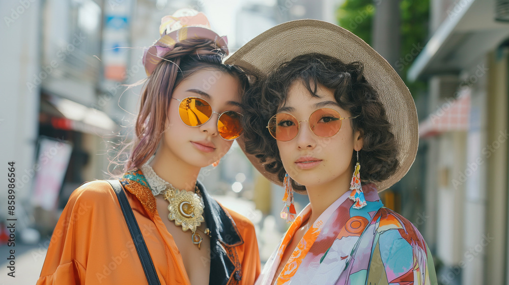 portrait of beautiful Japanese fashion models wearing luxury high fashion dresses on the street portrait of beautiful Japanese fashion models wearing luxury high fashion dresses on the street