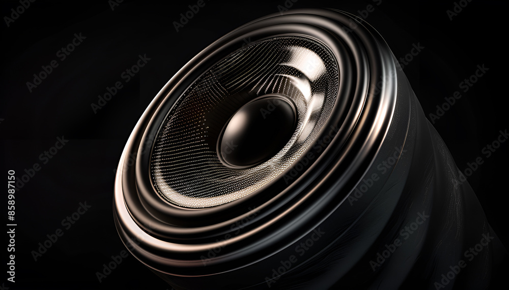 monitoring speaker is vibrating, viewed from tilted angle, against black background, with sonic boom effect from speaker monitoring speaker is vibrating, viewed from tilted angle, against black background, with sonic boom effect from speaker