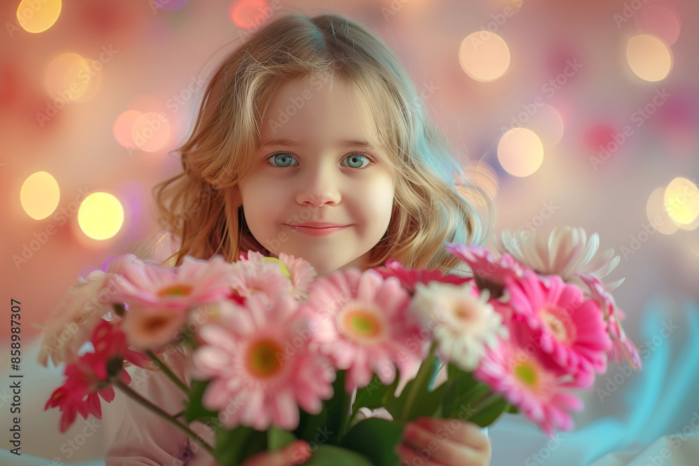 Smiling young girl clutching a beautiful bouquet of flowers. Smiling young girl clutching a beautiful bouquet of flowers.