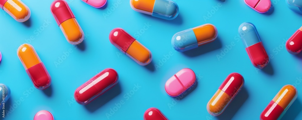 Colorful capsules on a blue background, medical and pharmaceutical concept Colorful capsules on a blue background, medical and pharmaceutical concept