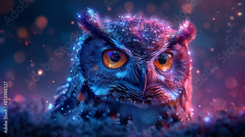 Close-up of a glowing neon owl at night with bokeh lights. Mystical wildlife and fantasy concept