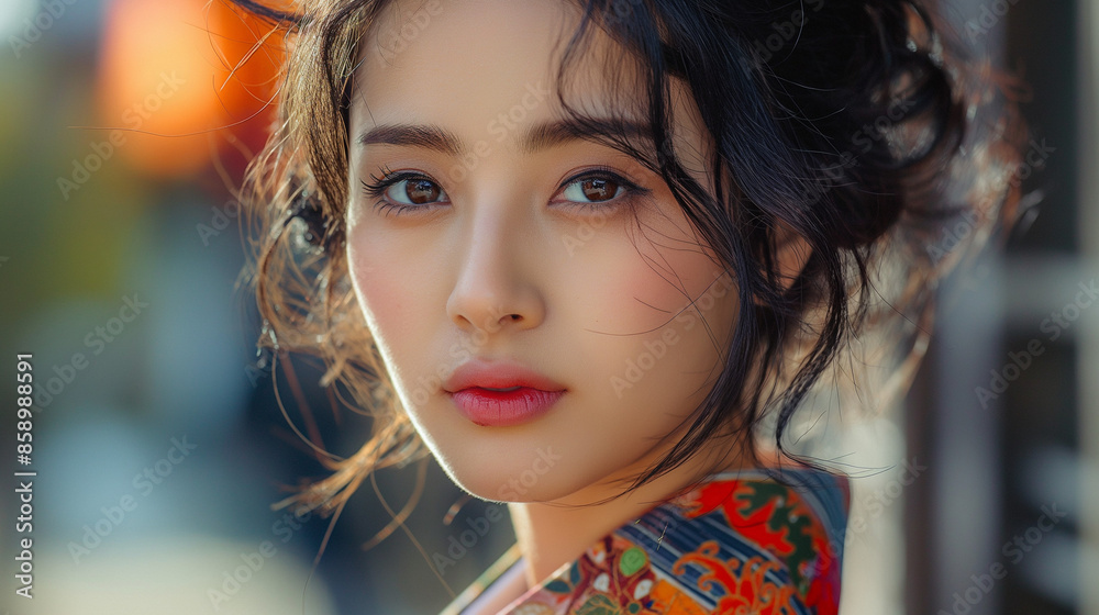 portrait of beautiful Japanese fashion model wearing luxury high fashion dress on the street
