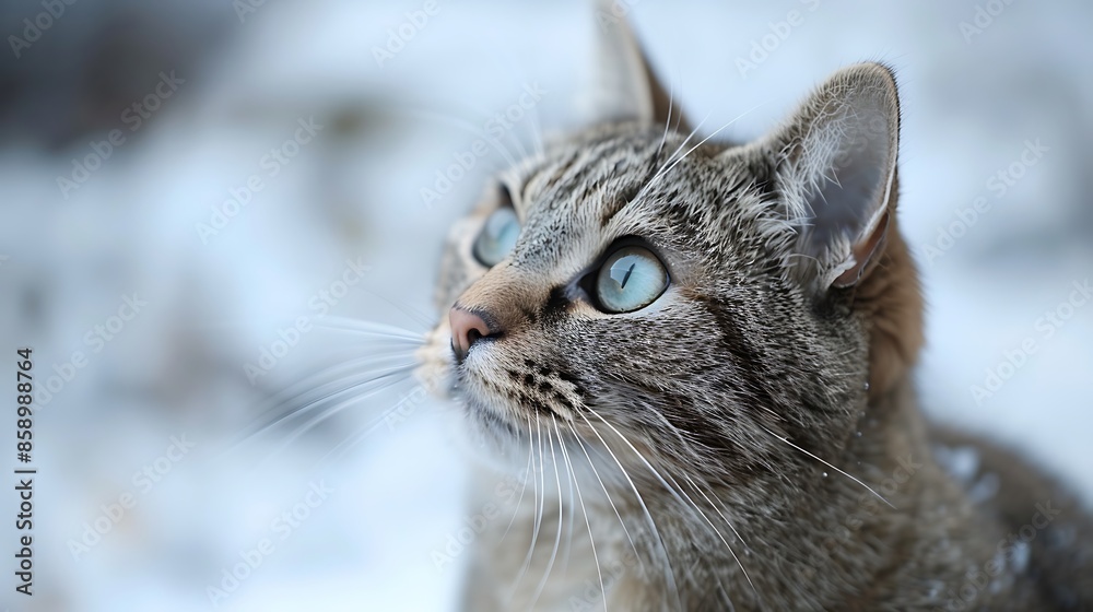 close up of a pixiebob cat looking away from camera, blurred snowy background close up of a pixiebob cat looking away from camera, blurred snowy background