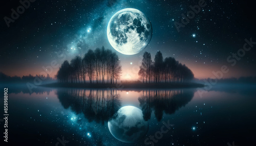 Tranquil Night Landscape with Full Moon and Reflections - Art