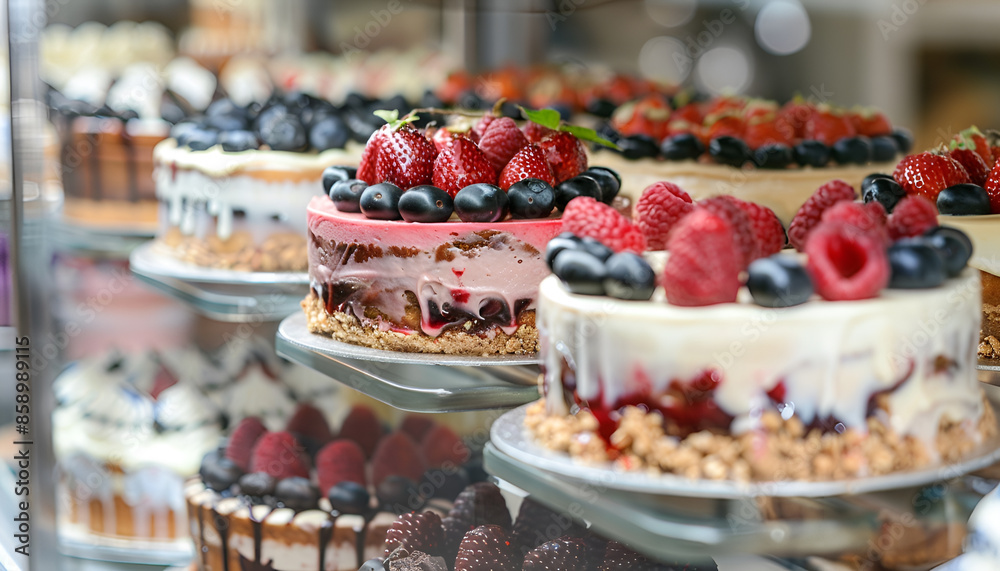 Showcase with different tasty desserts in bakery shop, closeup Showcase with different tasty desserts in bakery shop, closeup