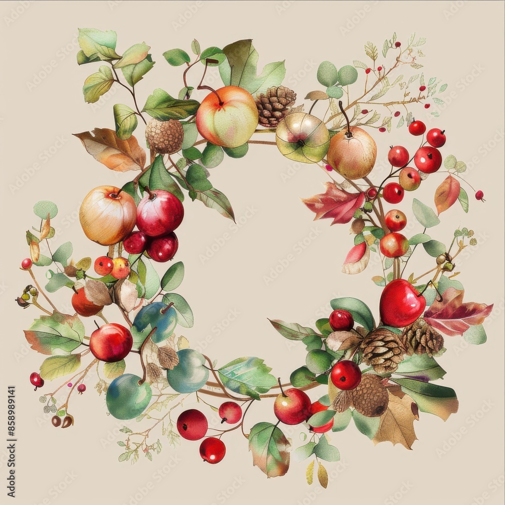 This image is a watercolor illustration of a fall wreath. The wreath is made of various fall elements, including red apples, green leaves, red berries, and pinecones. The wreath is arranged in a circu This image is a watercolor illustration of a fall wreath. The wreath is made of various fall elements, including red apples, green leaves, red berries, and pinecones. The wreath is arranged in a circu