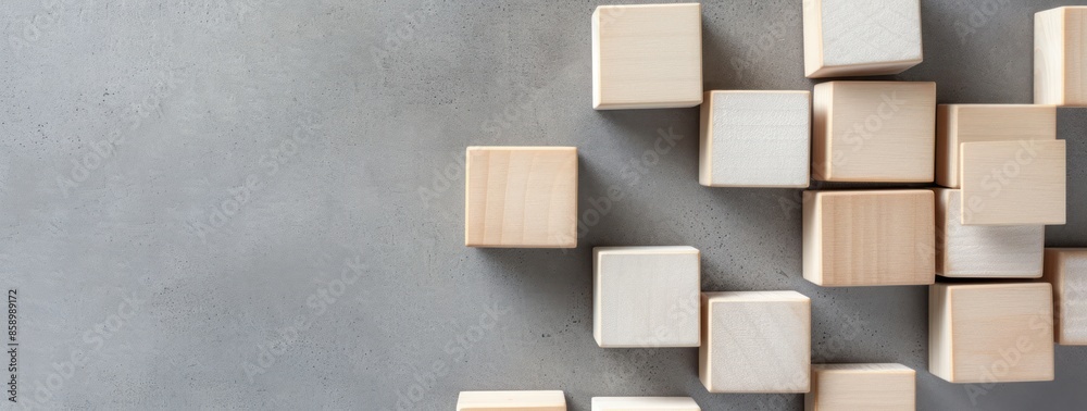 Light wooden blocks of various sizes are arranged on a solid gray concrete surface. Light wooden blocks of various sizes are arranged on a solid gray concrete surface.