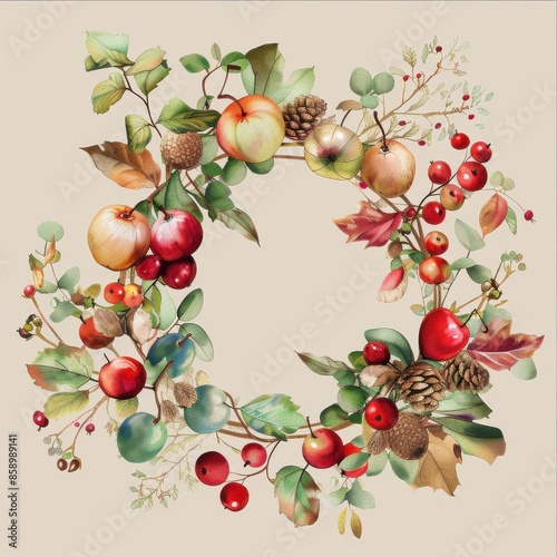 This image is a watercolor illustration of a fall wreath. The wreath is made of various fall elements, including red apples, green leaves, red berries, and pinecones. The wreath is arranged in a circu