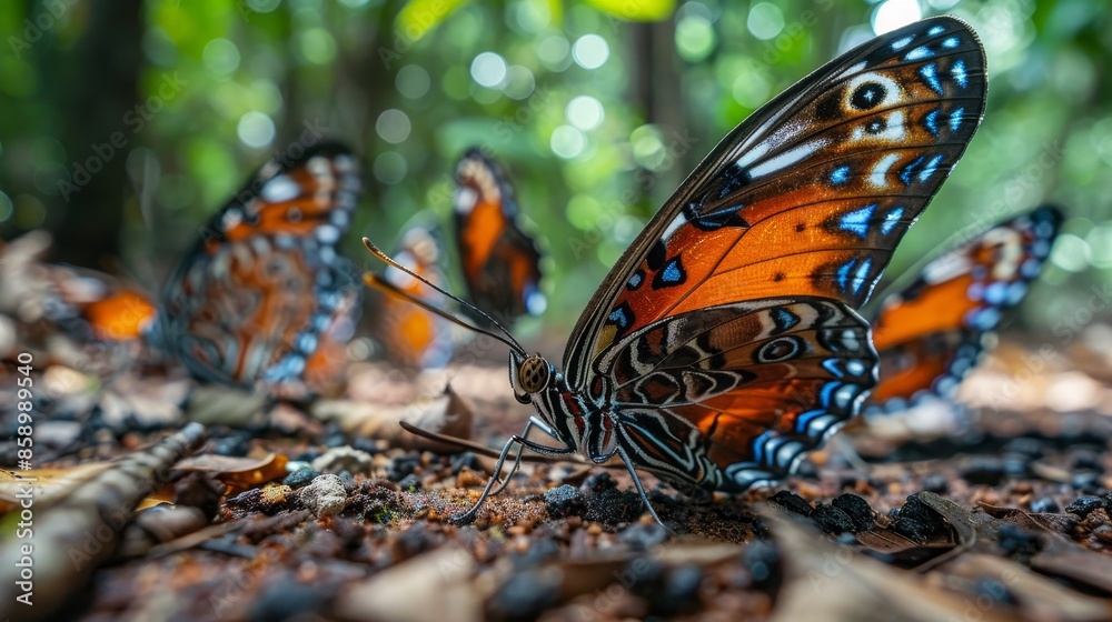 Obraz premium A group of butterflies are resting on the ground