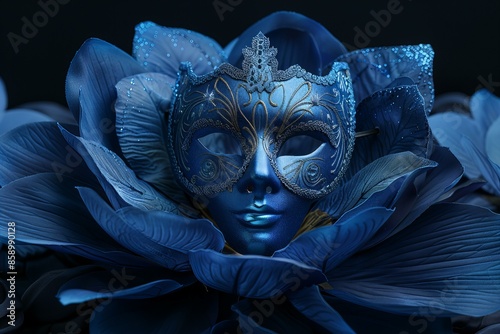 A blue masquerade mask with an intricate design, resting on top of a dark navy flower petal, illuminated by soft light from above. the background is black and indigo, creating contrast between the bri photo