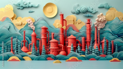 Vibrant papercraft illustration featuring industrial plants, refineries, and a dynamic urban environment. Illustration, Minimalism,