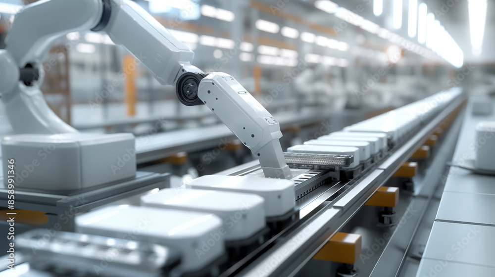 Battery operated industrial robot arm for assembly on factory production lines. Artificial Intelligence Concepts for Industrial Revolution and Automation of Production Processes Battery operated industrial robot arm for assembly on factory production lines. Artificial Intelligence Concepts for Industrial Revolution and Automation of Production Processes