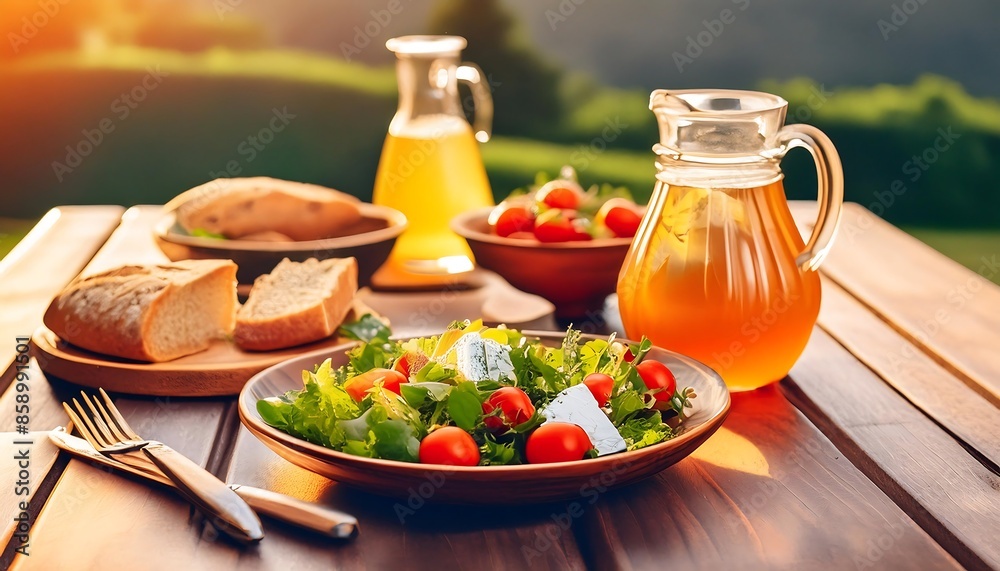 A cozy outdoor setting with a wooden table laden with fresh farm-to-table A cozy outdoor setting with a wooden table laden with fresh farm-to-table
