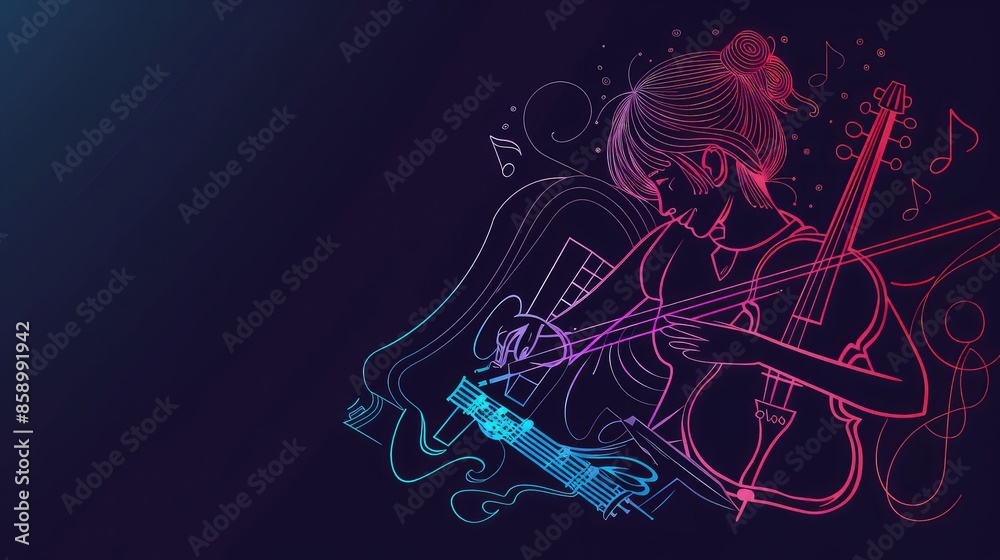 Musical talent gradient vector icon for dark theme. Playing musical instruments. Gifted musician. Classical music. Thin line color symbol. Modern style pictogram. Vector isolated outline drawing. Musical talent gradient vector icon for dark theme. Playing musical instruments. Gifted musician. Classical music. Thin line color symbol. Modern style pictogram. Vector isolated outline drawing.