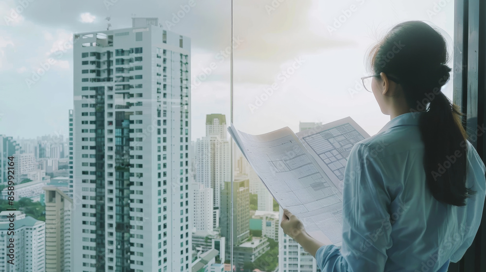 A woman inspects blueprints against the backdrop of a towering city, encapsulating the drive, vision, and intricate beauty of urban planning. A woman inspects blueprints against the backdrop of a towering city, encapsulating the drive, vision, and intricate beauty of urban planning.