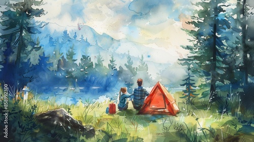 A watercolor painting depicts a father and daughter sitting by a red tent in front of a lake with mountains in the background. The scene is painted with soft blues, greens, and oranges, creating a tra photo