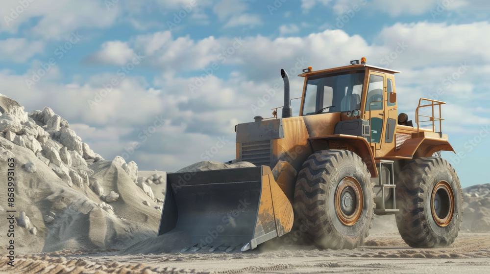 A large industrial bulldozer sits on a sandy construction site under a bright blue sky with scattered clouds. A large industrial bulldozer sits on a sandy construction site under a bright blue sky with scattered clouds.