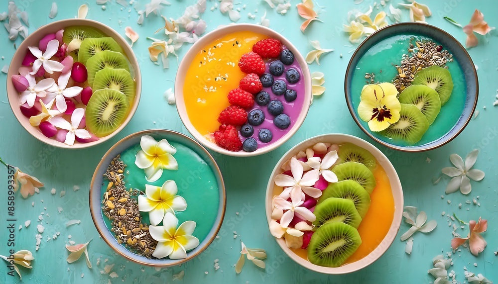 colorful smoothie bowl topped with an artistic arrangement of fresh fruits, acai blow colorful smoothie bowl topped with an artistic arrangement of fresh fruits, acai blow
