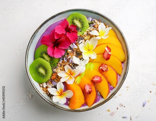 colorful smoothie bowl topped with an artistic arrangement of fresh fruits, acai blow photo