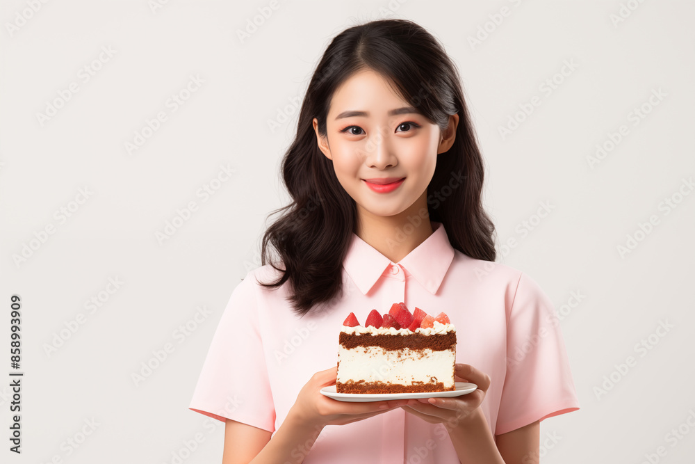 Teen pretty Japanese girl over isolated white background holding cake Teen pretty Japanese girl over isolated white background holding cake