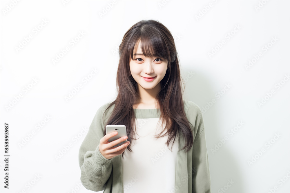 Teen pretty Japanese girl over isolated white background using mobile phone Teen pretty Japanese girl over isolated white background using mobile phone