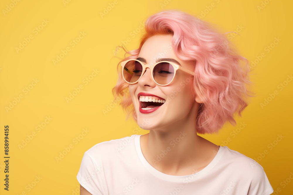 Young pink haired woman over isolated colorful background with sunglasses Young pink haired woman over isolated colorful background with sunglasses