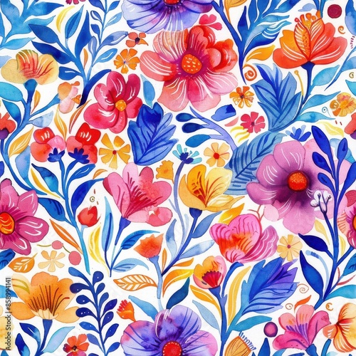 Wallpaper Mural A vibrant and colorful watercolor floral pattern featuring a variety of flowers and leaves in shades of pink, purple, orange, yellow, and blue. The pattern is set against a white background and create Torontodigital.ca