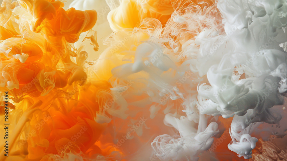 Vivid swirls of orange and white ink blending and swirling together in water, creating a mesmerizing and dynamic visual of motion and color contrast. Vivid swirls of orange and white ink blending and swirling together in water, creating a mesmerizing and dynamic visual of motion and color contrast.