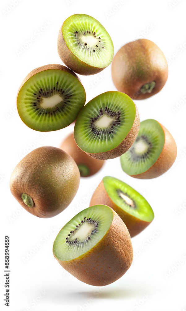 Fototapeta premium Falling different kiwi fruits isolated on white background. clipping path, Selective focus.png