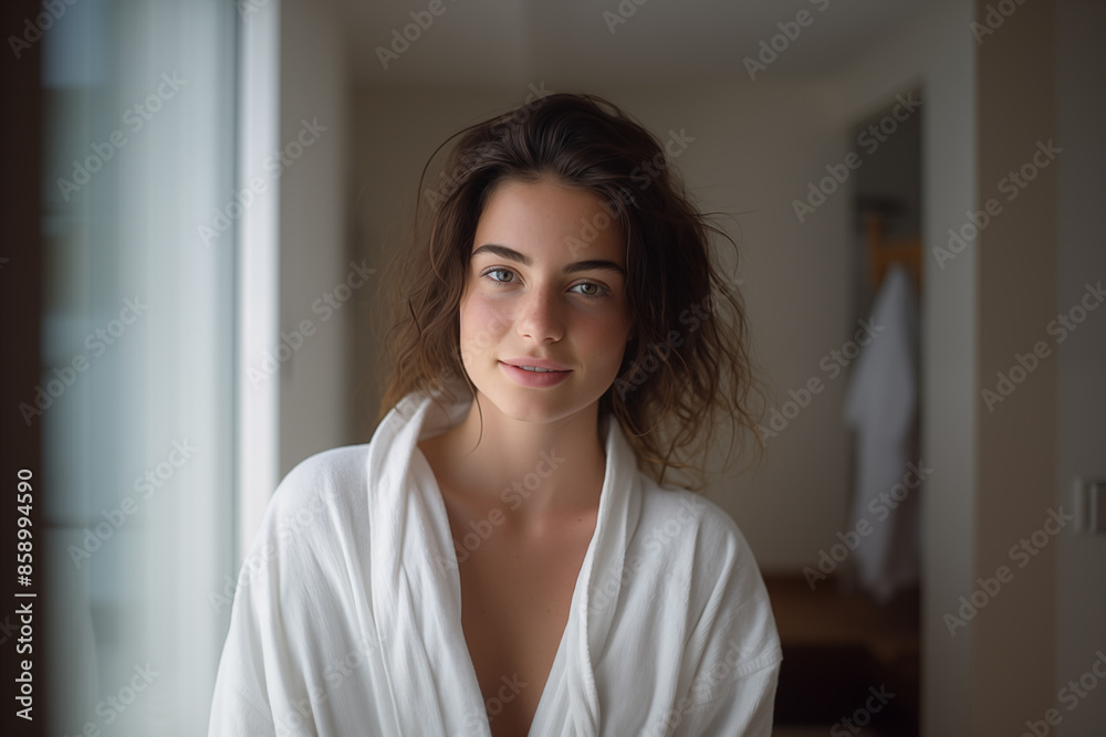 Young pretty brunette girl at indoors in a bathrobe