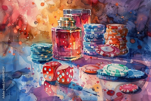 Watercolor Still Life with Dice, Chips, and Perfume Bottles