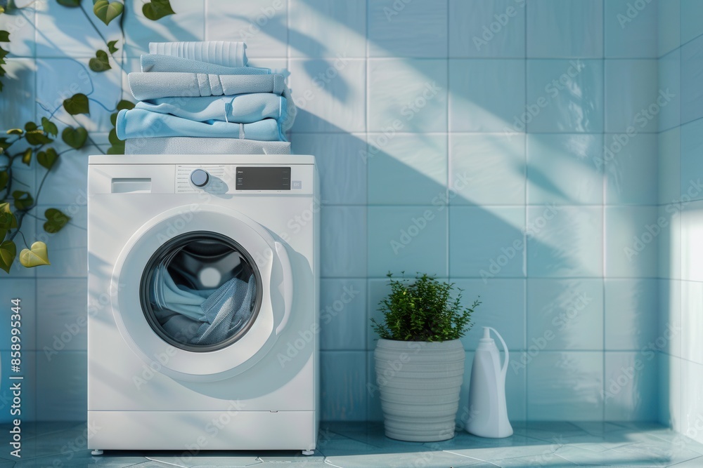 A white washing machine sits in a tiled bathroom with folded laundry stacked on top. Generative AI A white washing machine sits in a tiled bathroom with folded laundry stacked on top. Generative AI