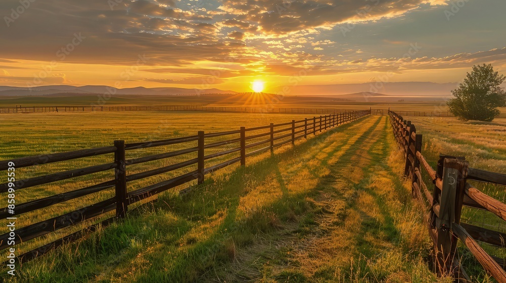 Picturesque landscape, fenced ranch at sunrise. Picturesque landscape, fenced ranch at sunrise.
