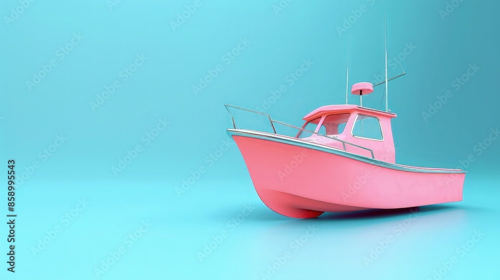Fototapeta premium Pink fishing boat on bright blue background in pastel colors. Minimalism concept. 3d render.