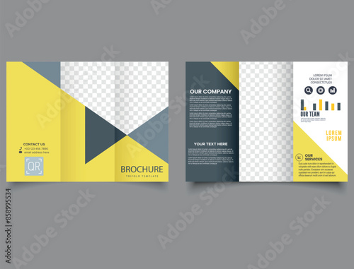 Yellow trifold brochure with triangles Construction trifold brochure template or company profile. Vector illustration