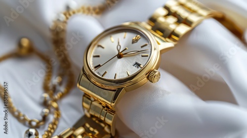  Stylish gold watch and jewerly in classic style above white airy background. 