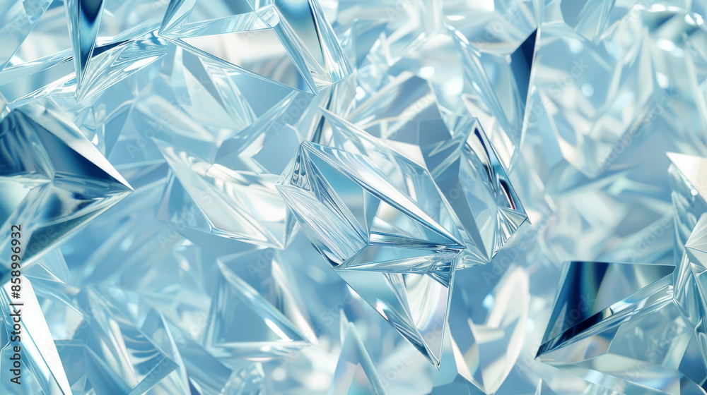 Close-up of a collection of clear, faceted crystals in various shapes and sizes, sparkling brightly against a soft blue background. Close-up of a collection of clear, faceted crystals in various shapes and sizes, sparkling brightly against a soft blue background.