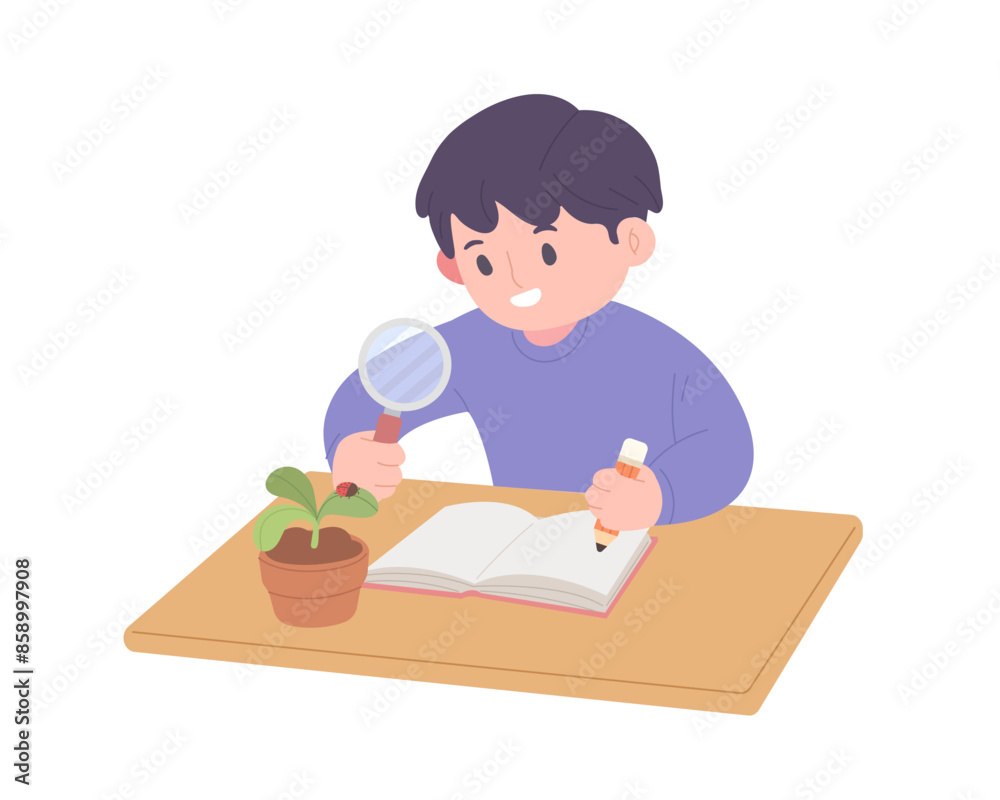 Boy using magnifying glass to look at insect on plant and writing. Concept of homework, studying, learning, discovering, exploration, biology subject, Entomology. Flat vector illustration character. Boy using magnifying glass to look at insect on plant and writing. Concept of homework, studying, learning, discovering, exploration, biology subject, Entomology. Flat vector illustration character.