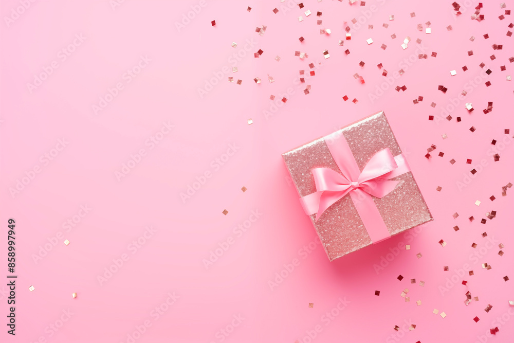 Fototapeta premium Festive background with pink gift box and confetty. Holidays concept.