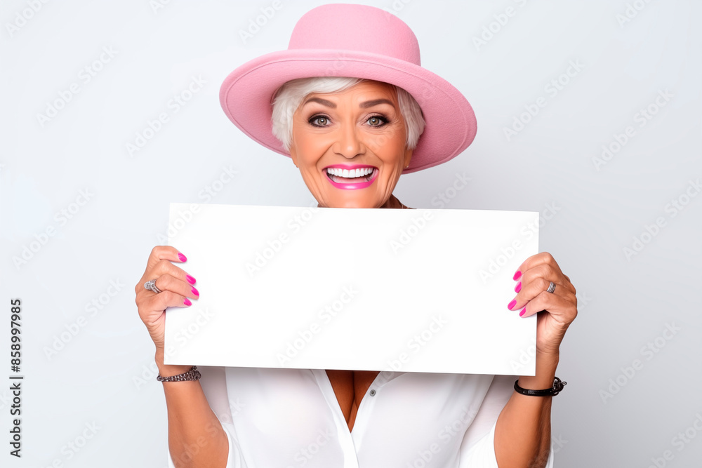 Elegant senior woman wearing a pink hat, holding a white sheet with space for text. Elegant senior woman wearing a pink hat, holding a white sheet with space for text.