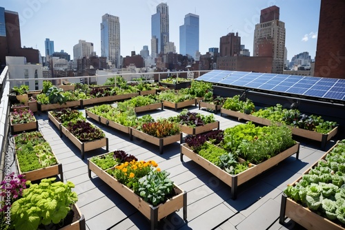 A lush rooftop garden thriving in a bustling cityscape.  Vegetable patches, flowers, and solar panels coexist, showcasing sustainable living solutions.