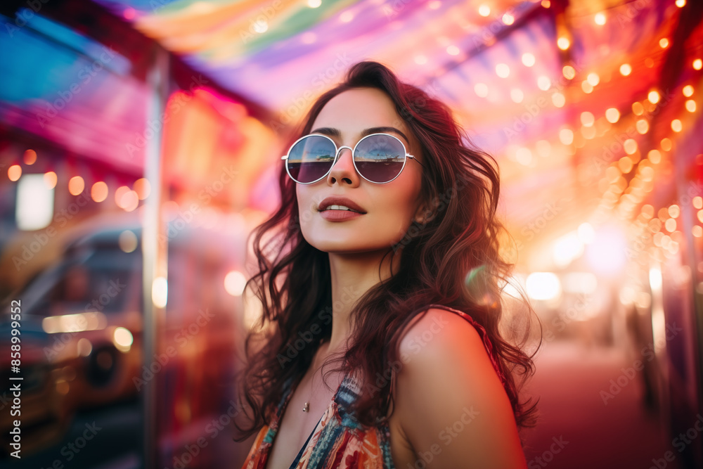 Portrait of a woman in square retro sunglasses, double exposed with a lively summer carnival scene featuring retro rides and string lights, capturing the essence of vintage fun Portrait of a woman in square retro sunglasses, double exposed with a lively summer carnival scene featuring retro rides and string lights, capturing the essence of vintage fun