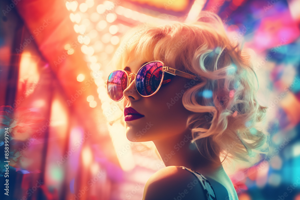 Double exposure of a woman in cat-eye sunglasses, her profile layered with a nostalgic summer carnival scene with Ferris wheels and colorful lights, creating a vintage atmosphere Double exposure of a woman in cat-eye sunglasses, her profile layered with a nostalgic summer carnival scene with Ferris wheels and colorful lights, creating a vintage atmosphere
