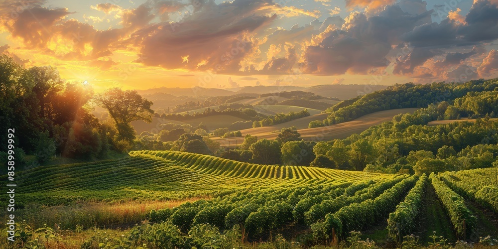 Naklejka premium Vineyard Sunset Landscape