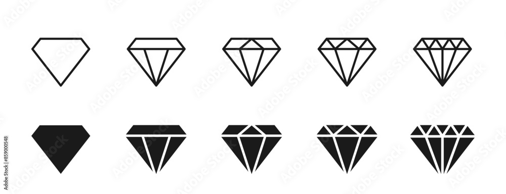 Diamond icon set. Different shapes of diamond cuts. Dimond icon set in flat style. Abstract black diamond collection icons. Gemstone icon set. Diamonds logo design. Vector illustration. EPS 10 Diamond icon set. Different shapes of diamond cuts. Dimond icon set in flat style. Abstract black diamond collection icons. Gemstone icon set. Diamonds logo design. Vector illustration. EPS 10